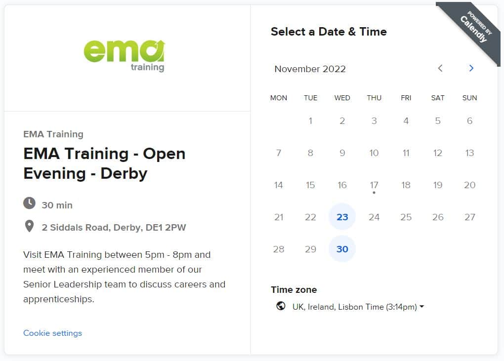 An image of EMA Training's open evening calendar