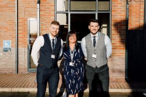 EMA Training's Senior Leadership Team. Matt (left), Tracey (middle) and James (right) standing in front of the new Digital Training Hub in Derby City Centre
