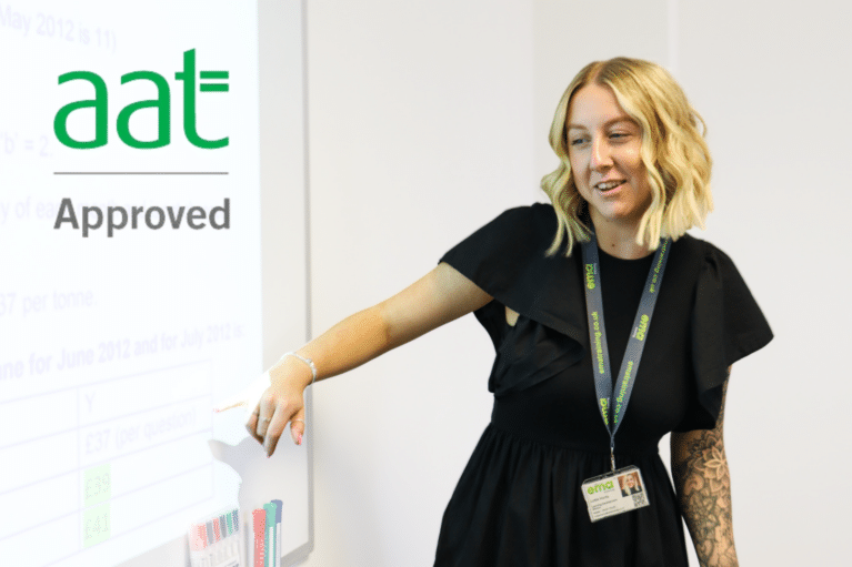 EMA Accountancy Trainer, Lottie, teaching. The AAT Approved logo is displayed to the top left of the image.