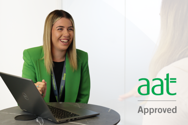 EMA Accountancy Mentor, Zoe, with a learner. The AAT Approved logo is displayed to the bottom right of the image.