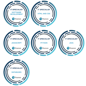 This image shows the 6 IT certifications which are part of the Software Development course.1. Software development 2. HTML and CSS 3. Javascript 4. Python 5. Java 6. Databases 