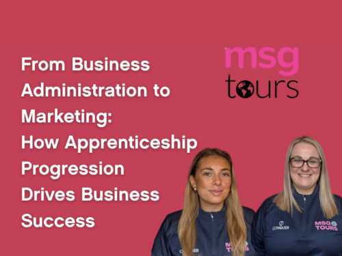 a pink background grapgic with 2 headshots in the bottom right corner and title text for business administration to marketing