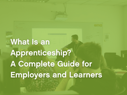 Low opacity green background showing a teacher leading a class of apprentices with overlaid text saying what is an apprenticeship